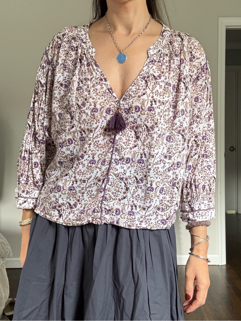 Roller Rabbit Purple Floral Tassel Peasant Blouse